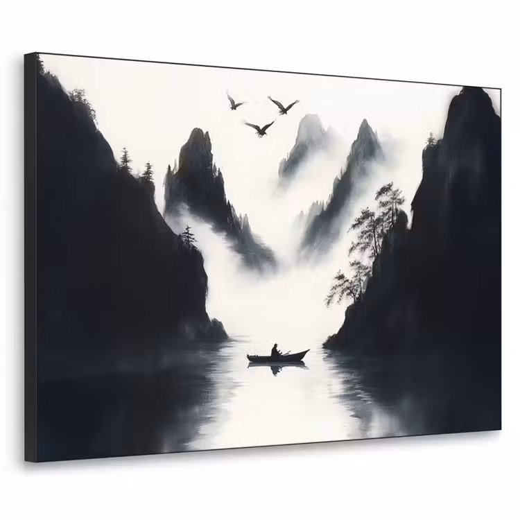 Roeiboot - Mistig - Bergen - Vogels Textielframe - compleet frame klein -3d