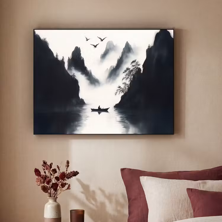 Roeiboot - Mistig - Bergen - Vogels Textielframe - compleet frame klein -sfeer1