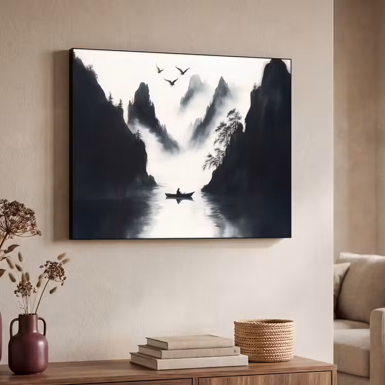 Roeiboot - Mistig - Bergen - Vogels Textielframe - compleet frame klein -sfeer3