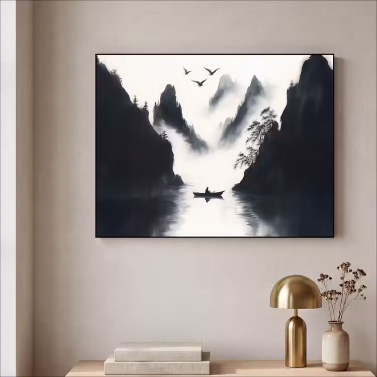Roeiboot - Mistig - Bergen - Vogels Textielframe zwart klein -sfeer2