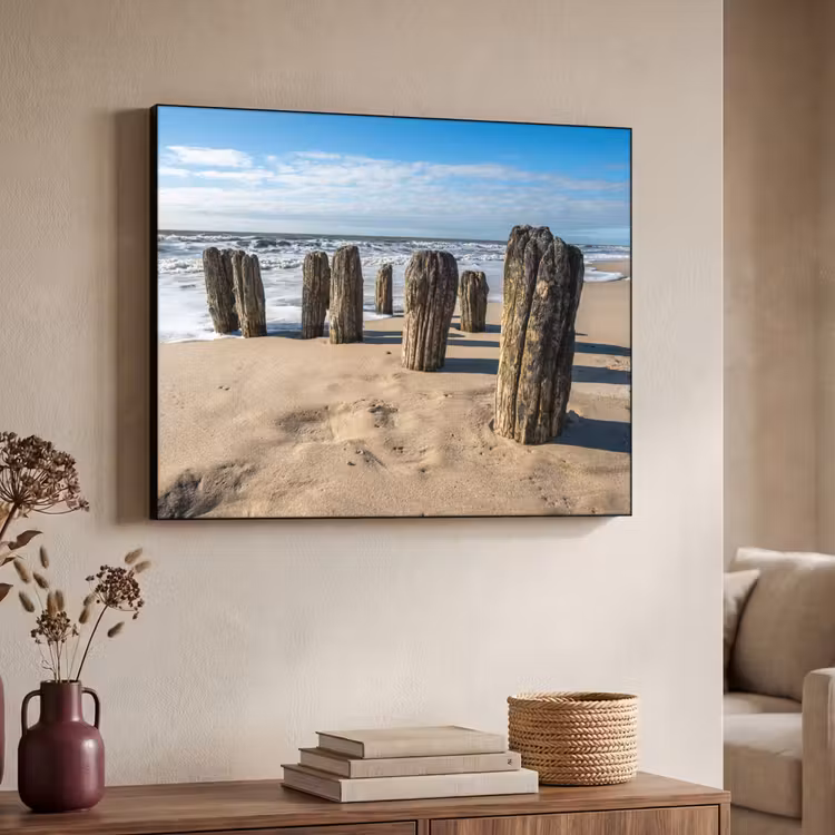 Zand - Strand - Paal - Water - Zomer Textielframe zwart klein -sfeer3