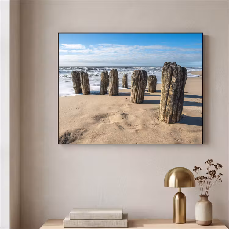 Zand - Strand - Paal - Water - Zomer Textielframe zwart klein -sfeer2
