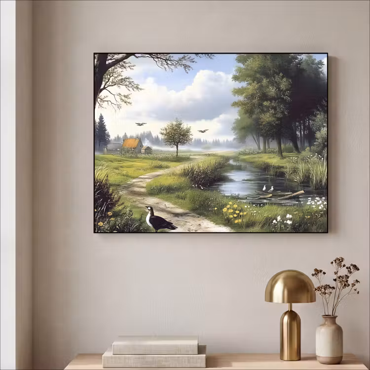 Zandpad - Groen landschap - Water Textielframe zwart klein -sfeer2