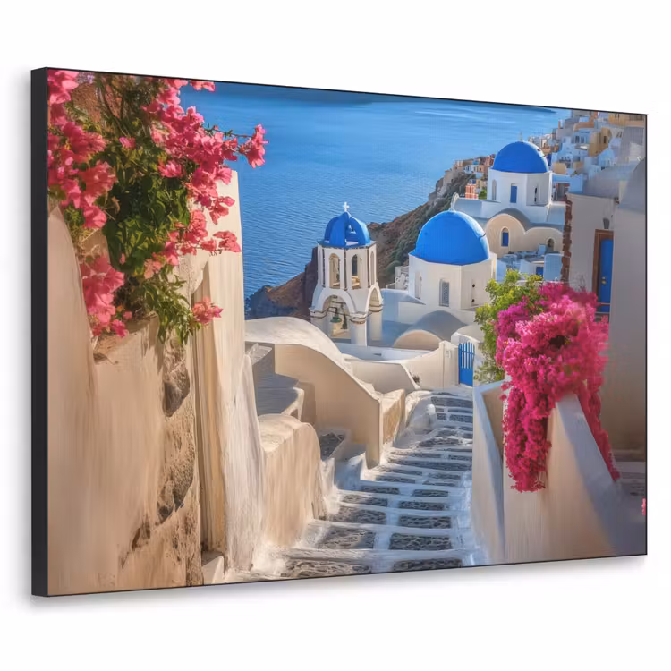 Santorini - Bloemen - Griekenland Textielframe zwart klein -3d