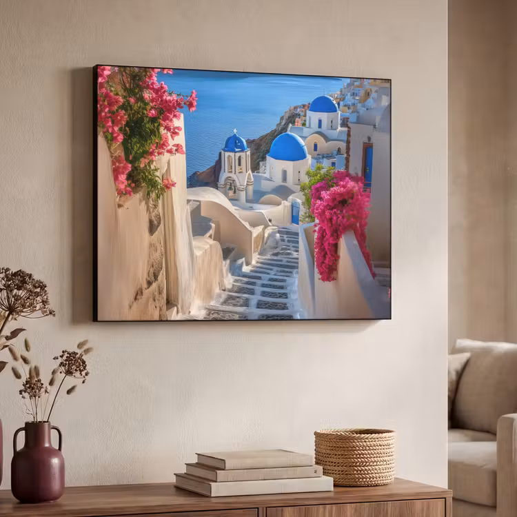 Santorini - Bloemen - Griekenland Textielframe - compleet frame klein -sfeer3