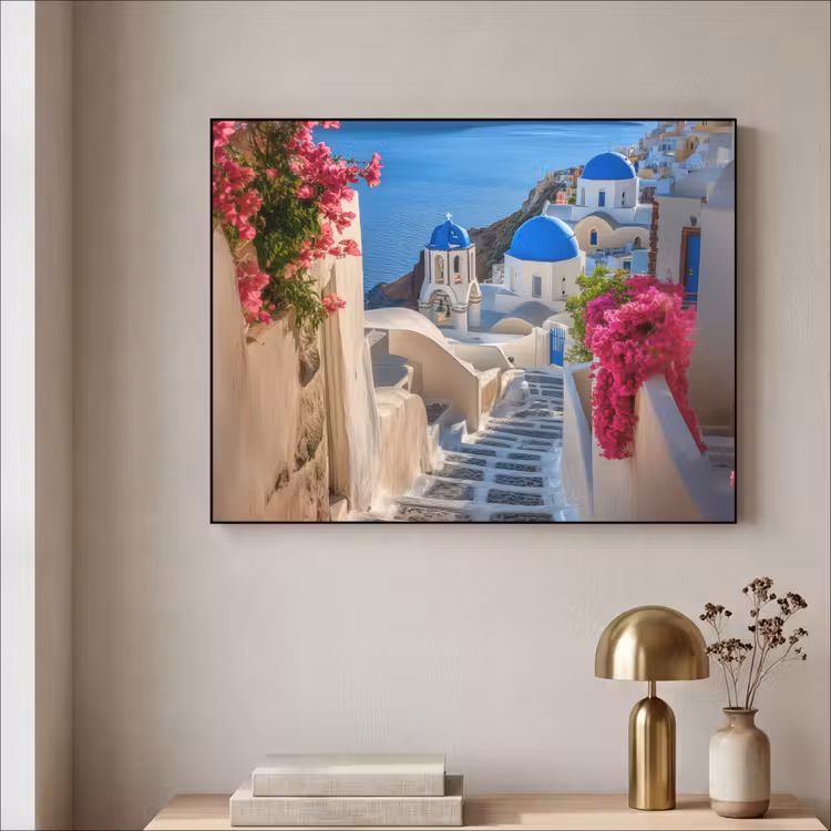 Santorini - Bloemen - Griekenland Textielframe zwart klein -sfeer2