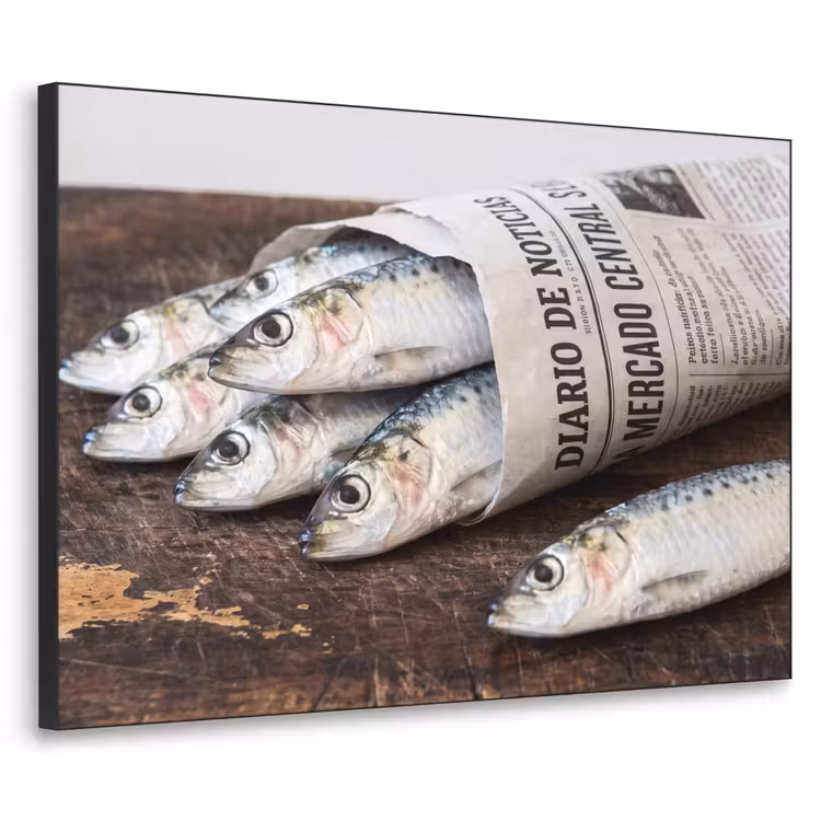Art Frame - Sardine – Zeitung – Schneidebrett - Sardientje - krant - snijplank Textielframe zwart klein