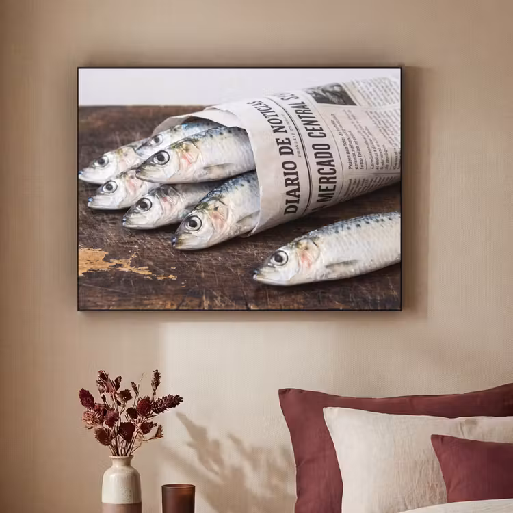 Art Frame - Sardine – Zeitung – Schneidebrett - Sardientje - krant - snijplank Textielframe zwart klein