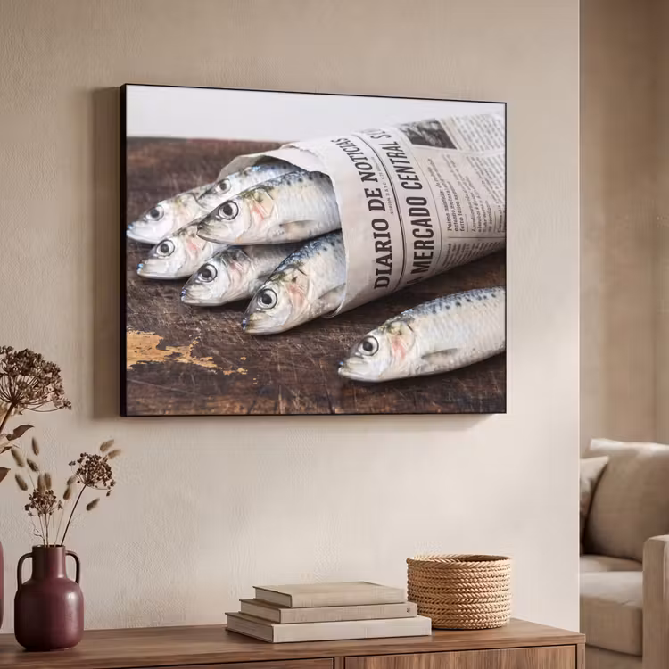Art Frame - Sardine – Zeitung – Schneidebrett - Sardientje - krant - snijplank Textielframe zwart klein