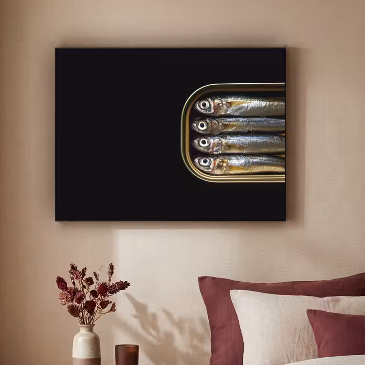 Sardines - Blik - Zwart - Vissen Textielframe zwart klein -sfeer1