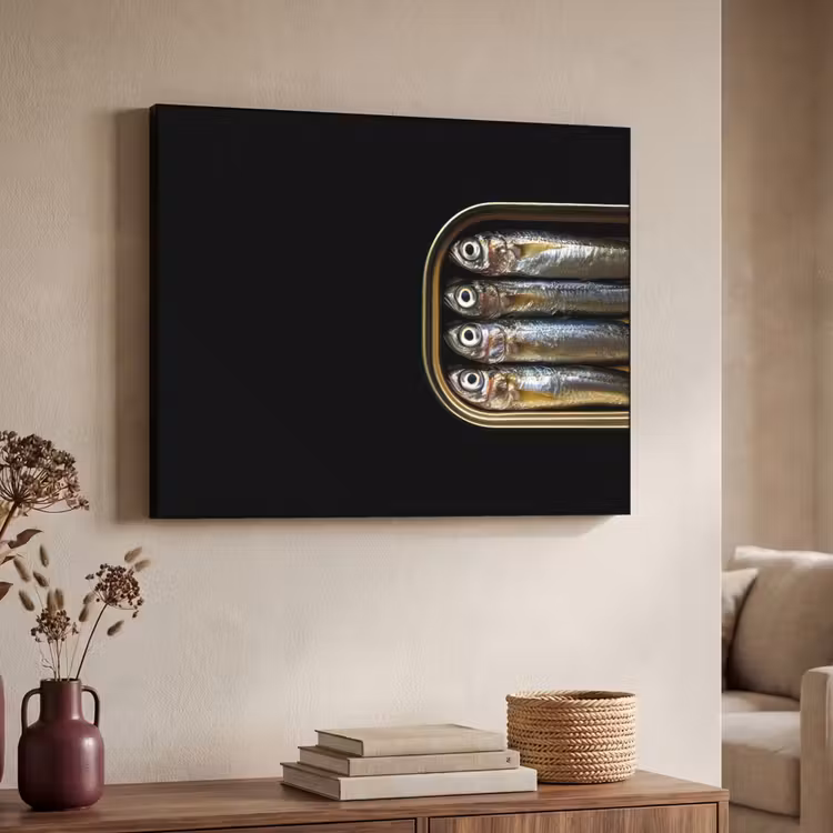 Sardines - Blik - Zwart - Vissen Textielframe - compleet frame klein -sfeer3