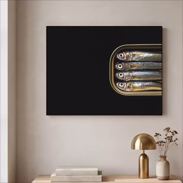 Sardines - Blik - Zwart - Vissen Textielframe zwart klein -sfeer2