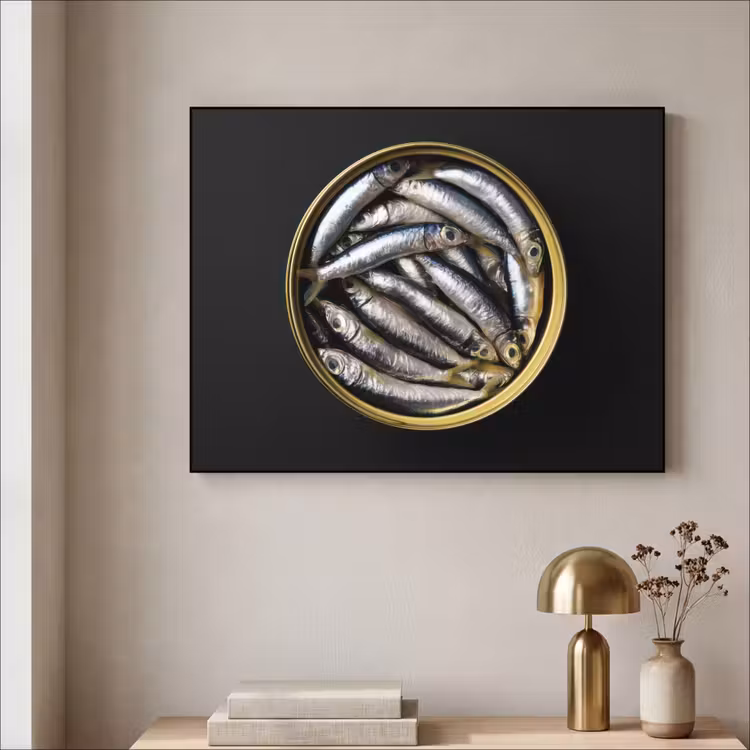 Sardines - Vissen - Rond - Zwart Textielframe - compleet frame klein -sfeer2