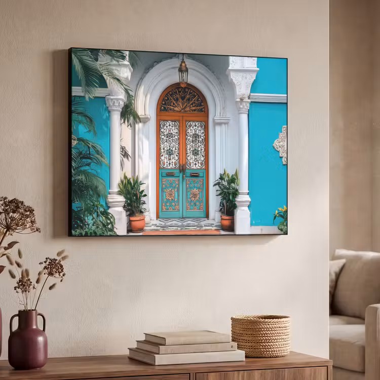 Zuilen - Sierlijke - Deur - Blauw Textielframe - compleet frame klein -sfeer3