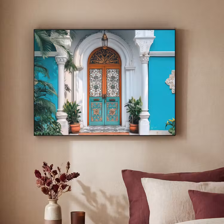 Zuilen - Sierlijke - Deur - Blauw Textielframe - compleet frame klein -sfeer1