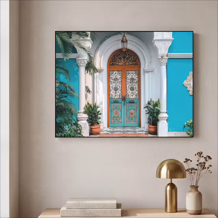 Zuilen - Sierlijke - Deur - Blauw Textielframe - compleet frame klein -sfeer2