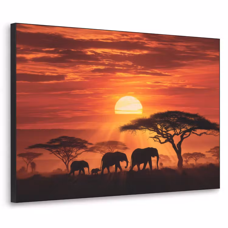 Savanne - Olifanten - Zonsondergang Textielframe zwart klein -3d