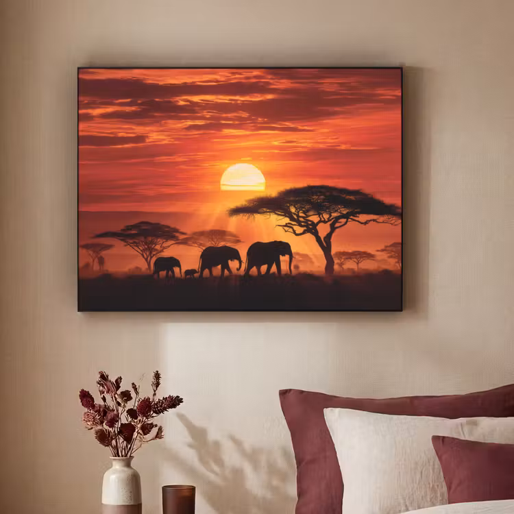 Savanne - Olifanten - Zonsondergang Textielframe zwart klein -sfeer1