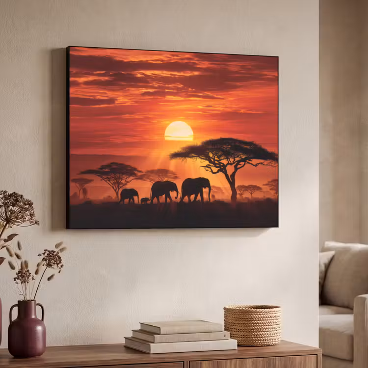 Savanne - Olifanten - Zonsondergang Textielframe zwart klein -sfeer3
