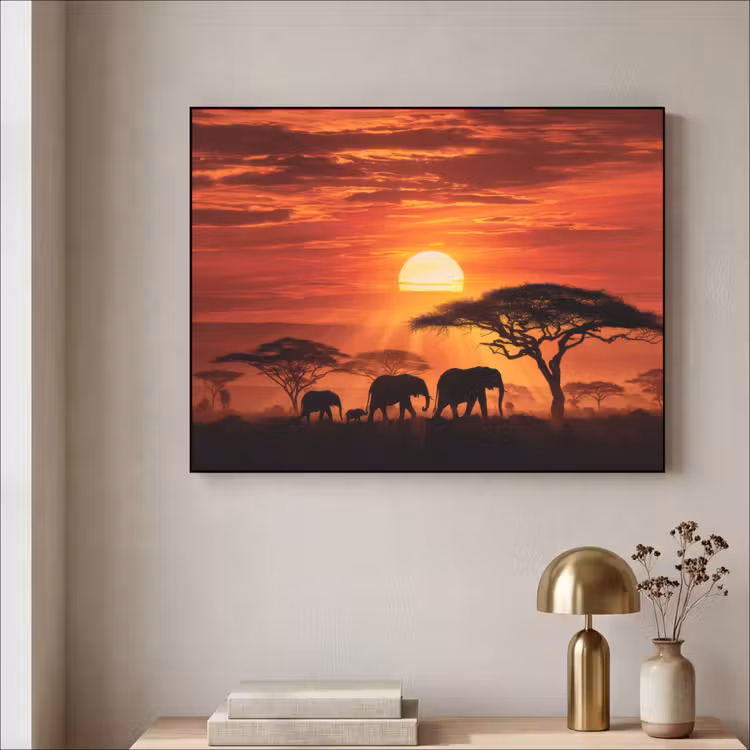 Savanne - Olifanten - Zonsondergang Textielframe - compleet frame klein -sfeer2