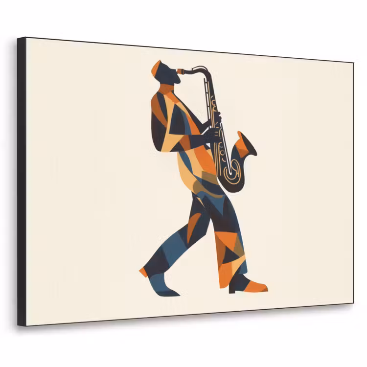 Saxofoon - Abstract - Persoon - Blauw Textielframe zwart klein -3d