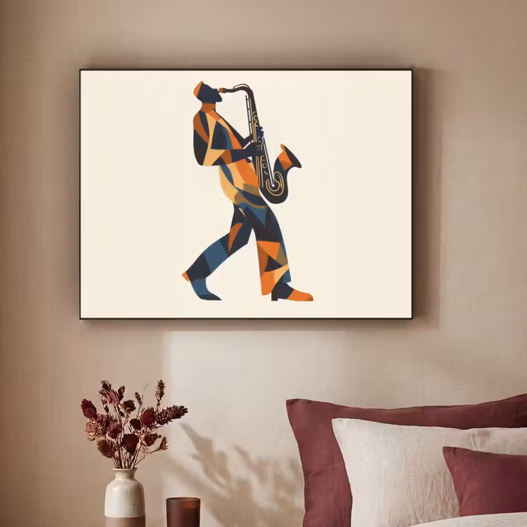 Saxofoon - Abstract - Persoon - Blauw Textielframe zwart klein -sfeer1