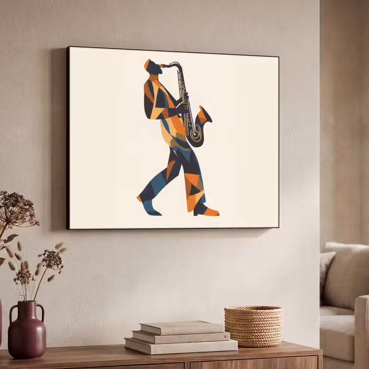 Saxofoon - Abstract - Persoon - Blauw Textielframe - compleet frame klein -sfeer3