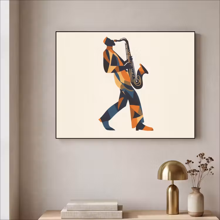 Saxofoon - Abstract - Persoon - Blauw Textielframe - compleet frame klein -sfeer2