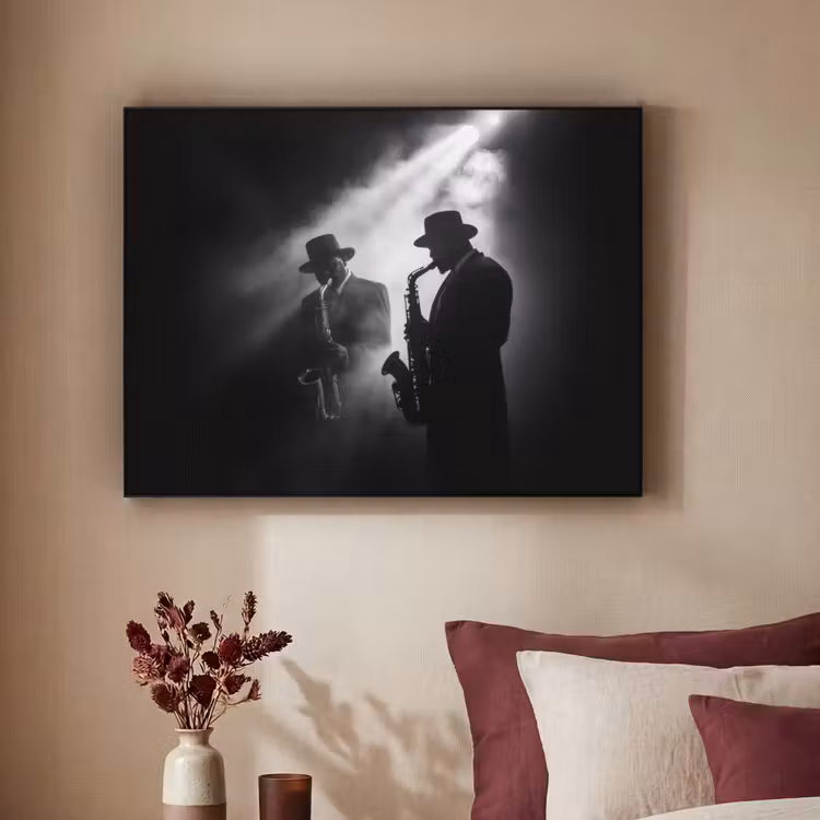 Saxofonisten - Hoeden - Rook - Licht Textielframe zwart klein -sfeer1