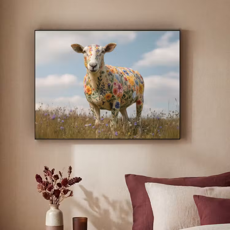 Schaap - Bloemen - Weide Textielframe zwart klein -sfeer1