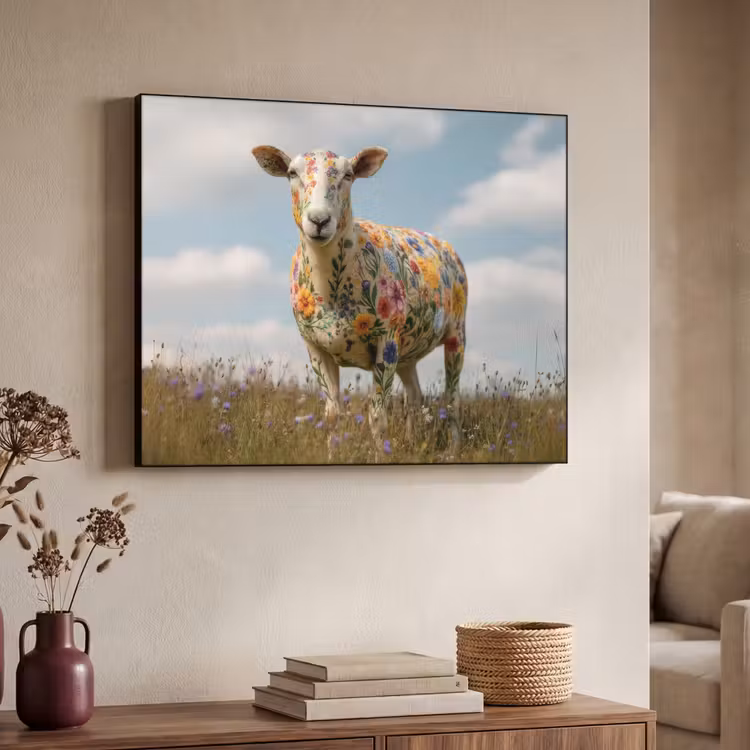 Schaap - Bloemen - Weide Textielframe - compleet frame klein -sfeer3