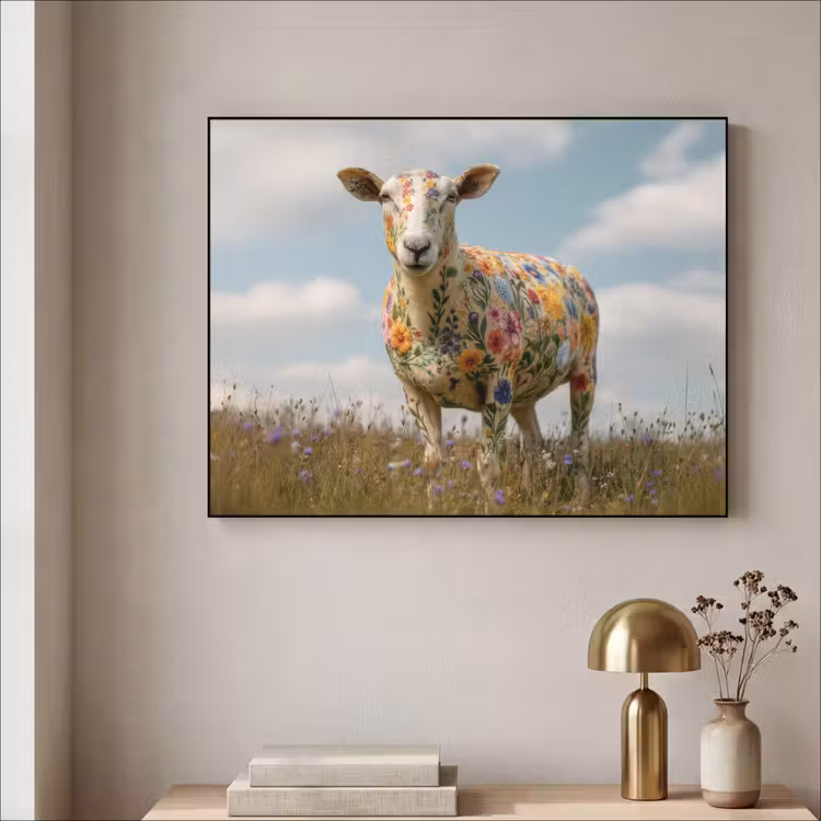 Schaap - Bloemen - Weide Textielframe - compleet frame klein -sfeer2