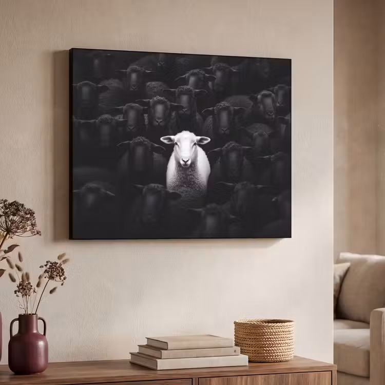 Schapen - Wit - Duisternis Textielframe zwart klein -sfeer3