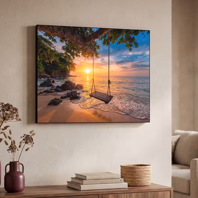 Schommel - Strand - Zonsondergang - Natuur - Oranje Textielframe zwart klein -sfeer3