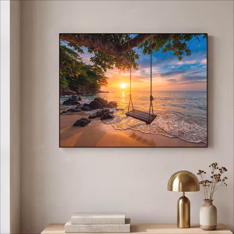 Schommel - Strand - Zonsondergang - Natuur - Oranje Textielframe zwart klein -sfeer2