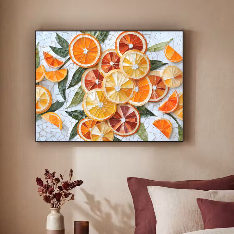 Schijfjes - Fruit - Oranje - Mozaïek Textielframe zwart klein -sfeer1