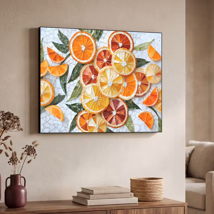 Schijfjes - Fruit - Oranje - Mozaïek Textielframe zwart klein -sfeer3