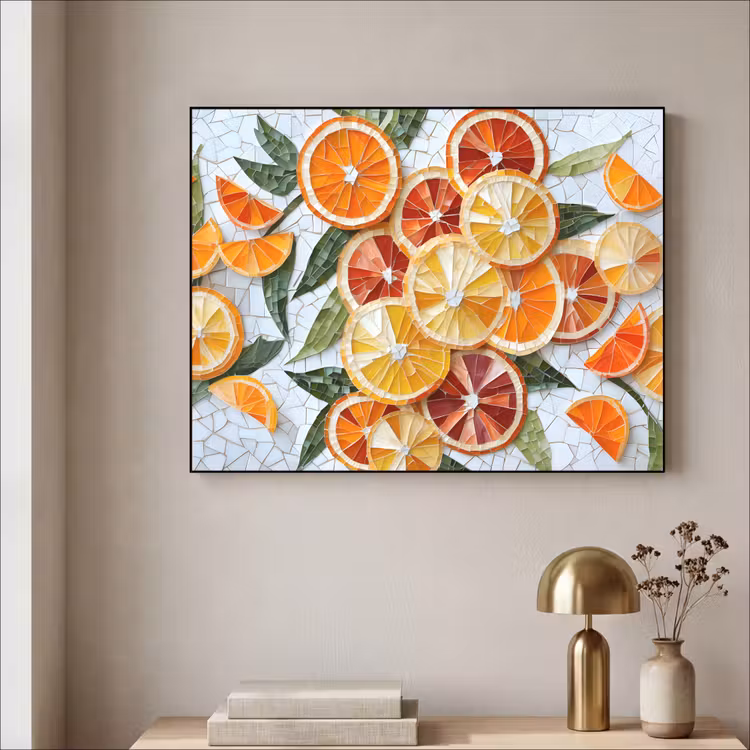 Schijfjes - Fruit - Oranje - Mozaïek Textielframe - compleet frame klein -sfeer2