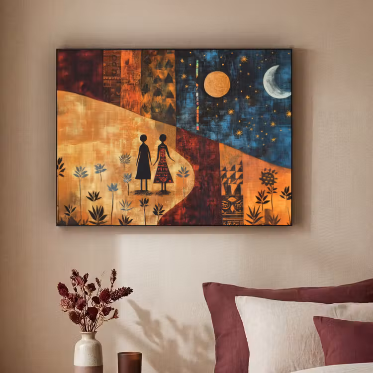 Silhouetten - Abstract - Zon - Maan Textielframe - compleet frame klein -sfeer1