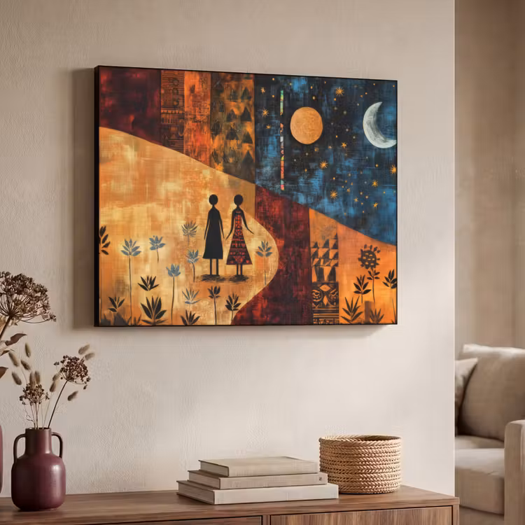 Silhouetten - Abstract - Zon - Maan Textielframe zwart klein -sfeer3