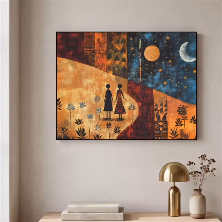 Silhouetten - Abstract - Zon - Maan Textielframe zwart klein -sfeer2