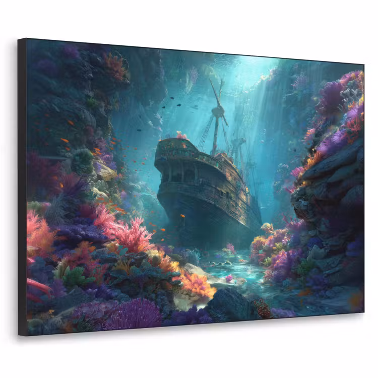 Schip - Hout - Koraalriffen - Zonlicht Textielframe zwart klein -3d