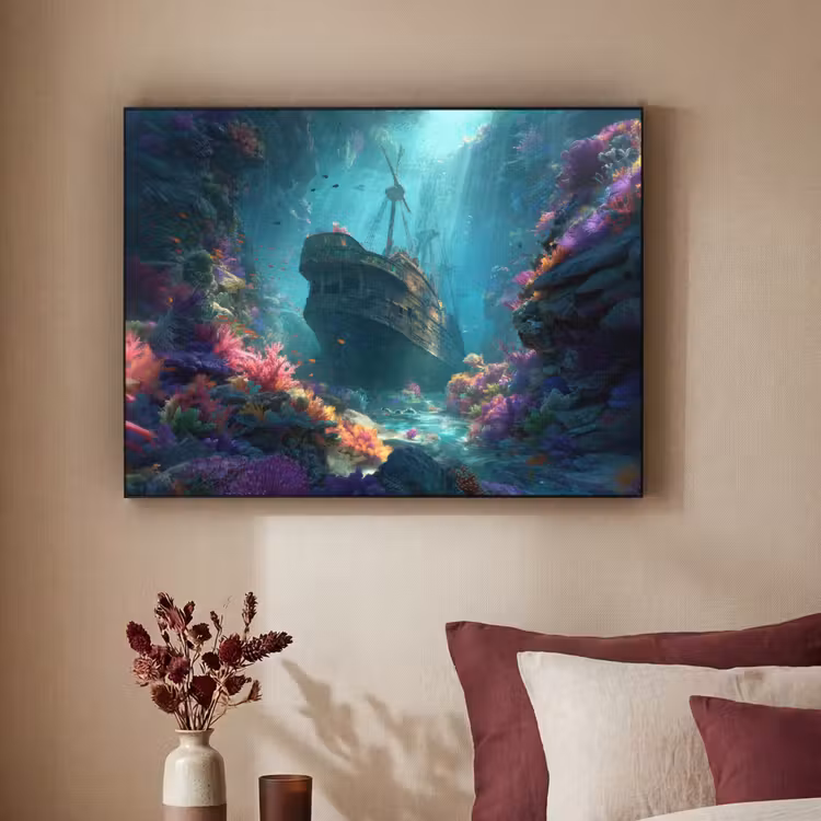 Schip - Hout - Koraalriffen - Zonlicht Textielframe zwart klein -sfeer1