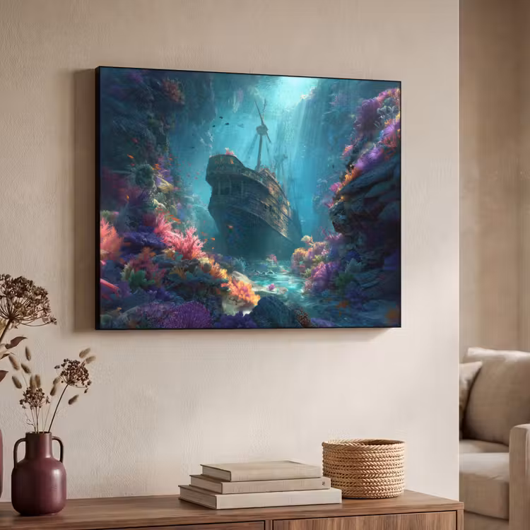 Schip - Hout - Koraalriffen - Zonlicht Textielframe zwart klein -sfeer3
