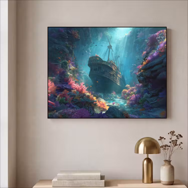Schip - Hout - Koraalriffen - Zonlicht Textielframe zwart klein -sfeer2