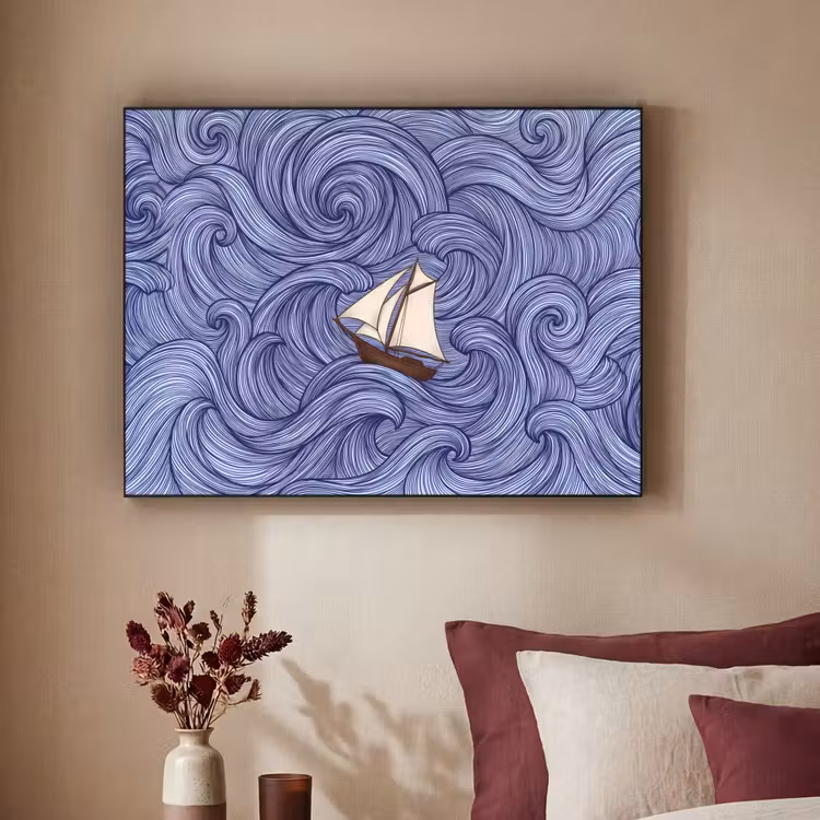Schip - Golven - Zee - Illustratie - Blauw Textielframe zwart klein -sfeer1