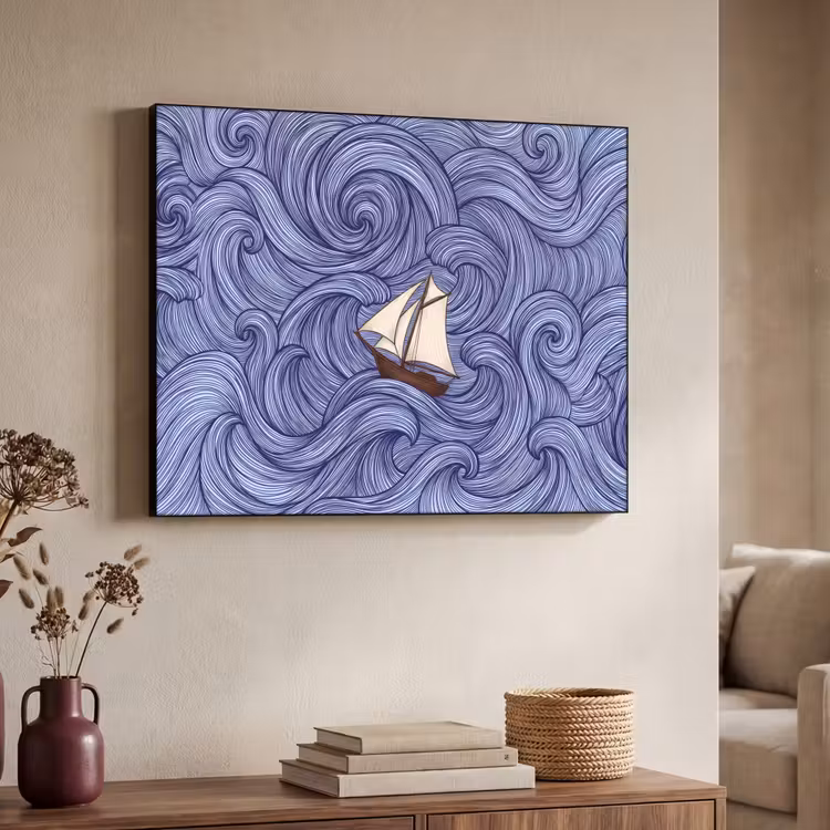Schip - Golven - Zee - Illustratie - Blauw Textielframe zwart klein -sfeer3