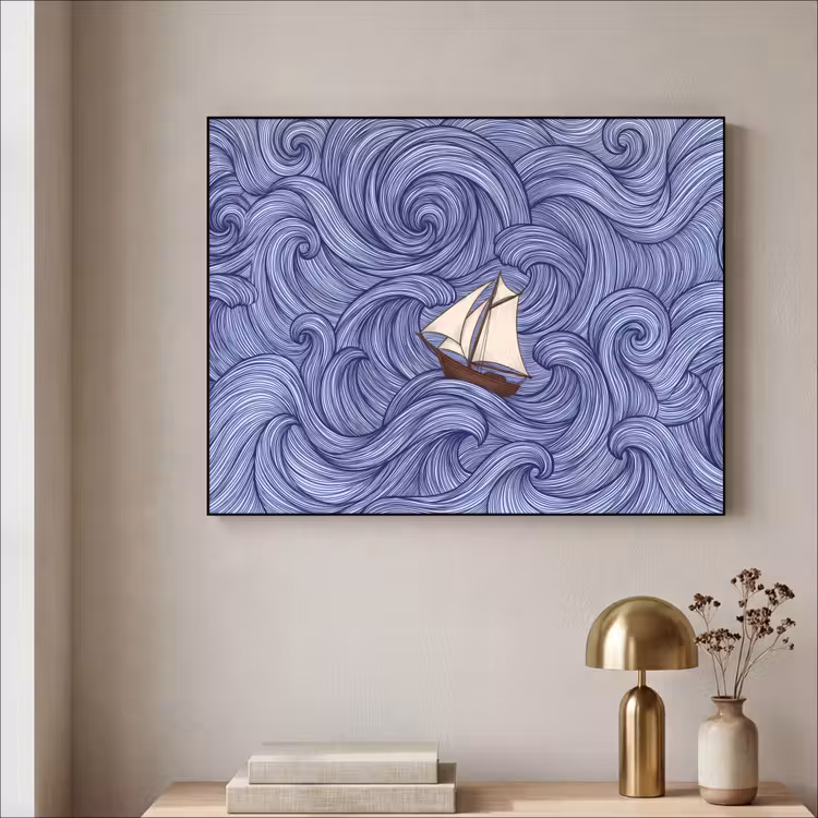 Schip - Golven - Zee - Illustratie - Blauw Textielframe zwart klein -sfeer2