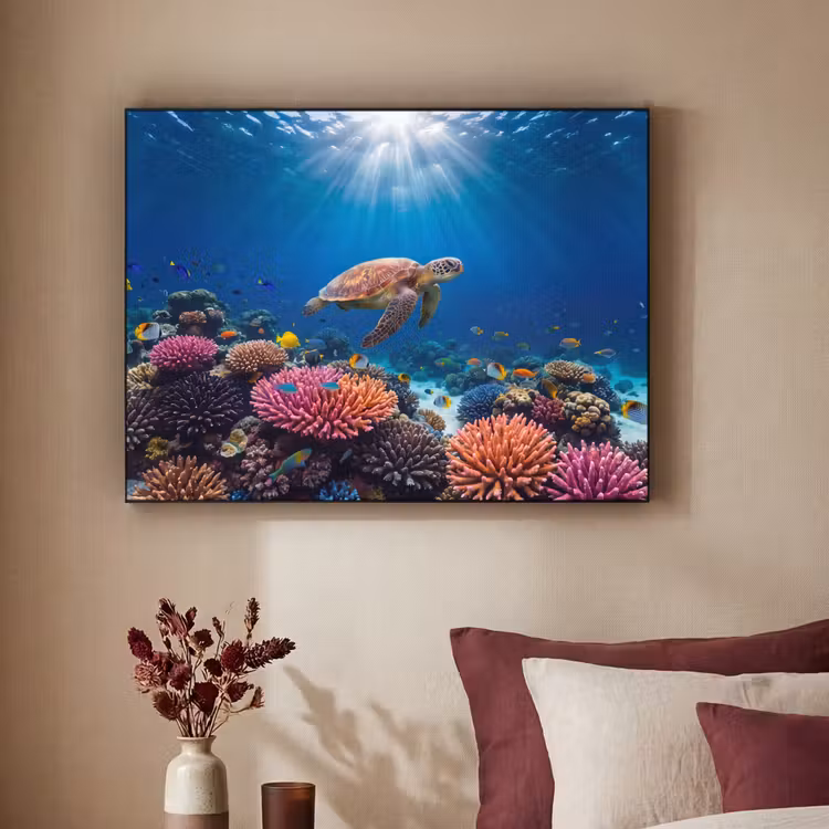 Schildpad - Koraalrif - Oceaan - Dieren - Blauw Textielframe zwart klein -sfeer1