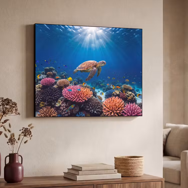 Schildpad - Koraalrif - Oceaan - Dieren - Blauw Textielframe zwart klein -sfeer3